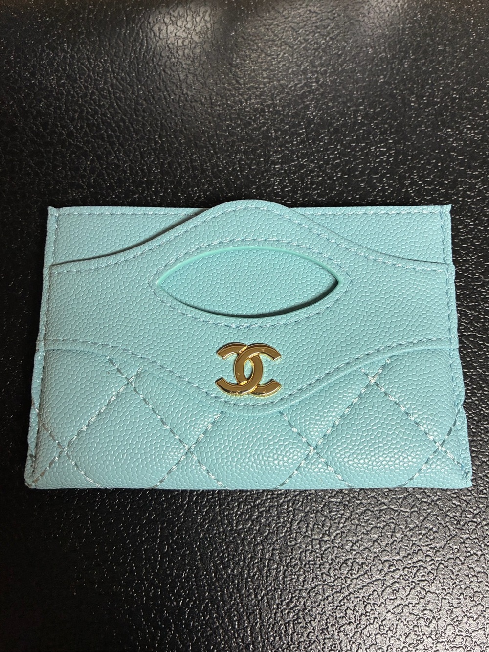 ChaneI Quilted Flap Card Holder Light Blue with Gold Hardware Logo OBO
